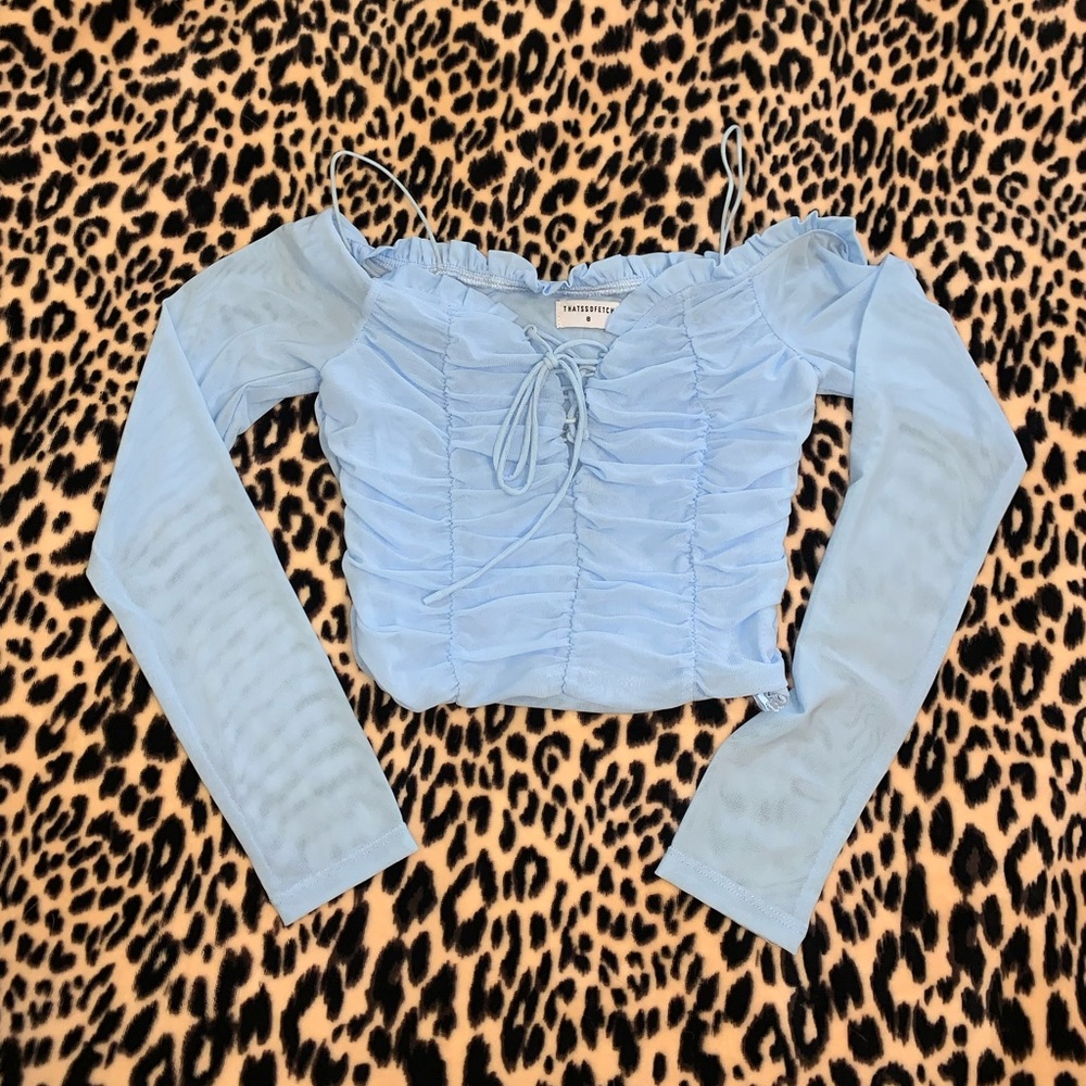 That’s So Fetch Light Blue Ruched Off-Shoulder Crop Top